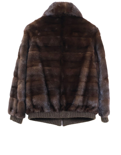 PRE-OWNED MAHOGANY HORIZONTAL MINK REVERSIBLE TO RAINWEAR BOMBER JACKET W/ WING COLLAR & KNIT CUFFS & HEM