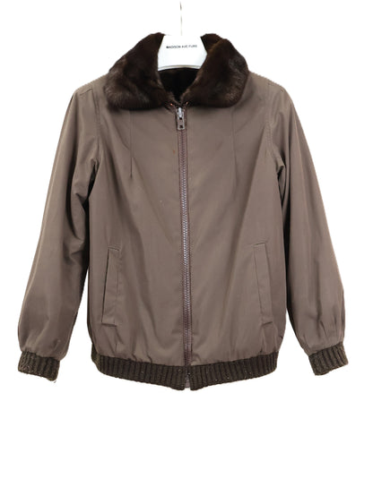 PRE-OWNED MAHOGANY HORIZONTAL MINK REVERSIBLE TO RAINWEAR BOMBER JACKET W/ WING COLLAR & KNIT CUFFS & HEM