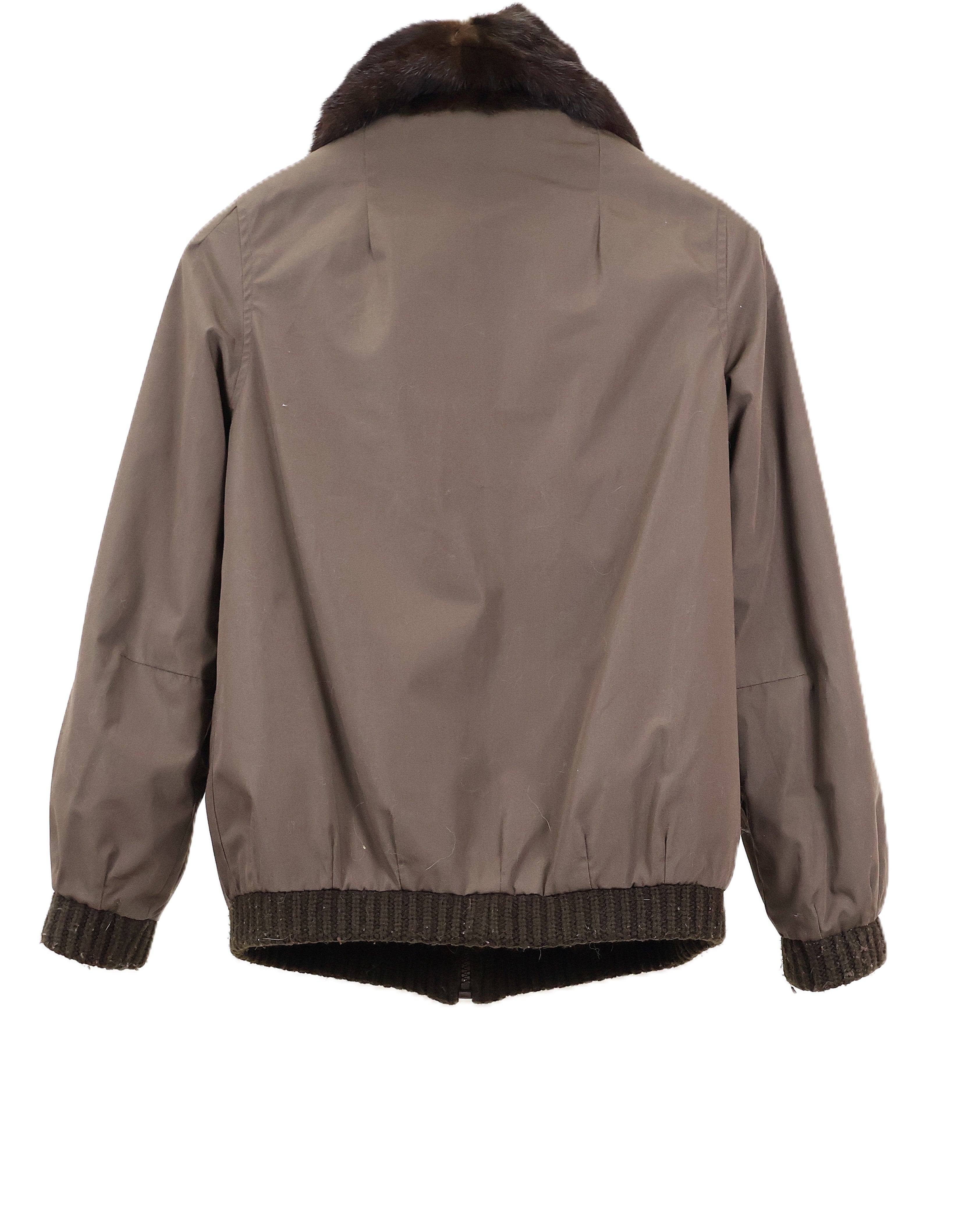PRE-OWNED MAHOGANY HORIZONTAL MINK REVERSIBLE TO RAINWEAR BOMBER JACKET W/ WING COLLAR & KNIT CUFFS & HEM