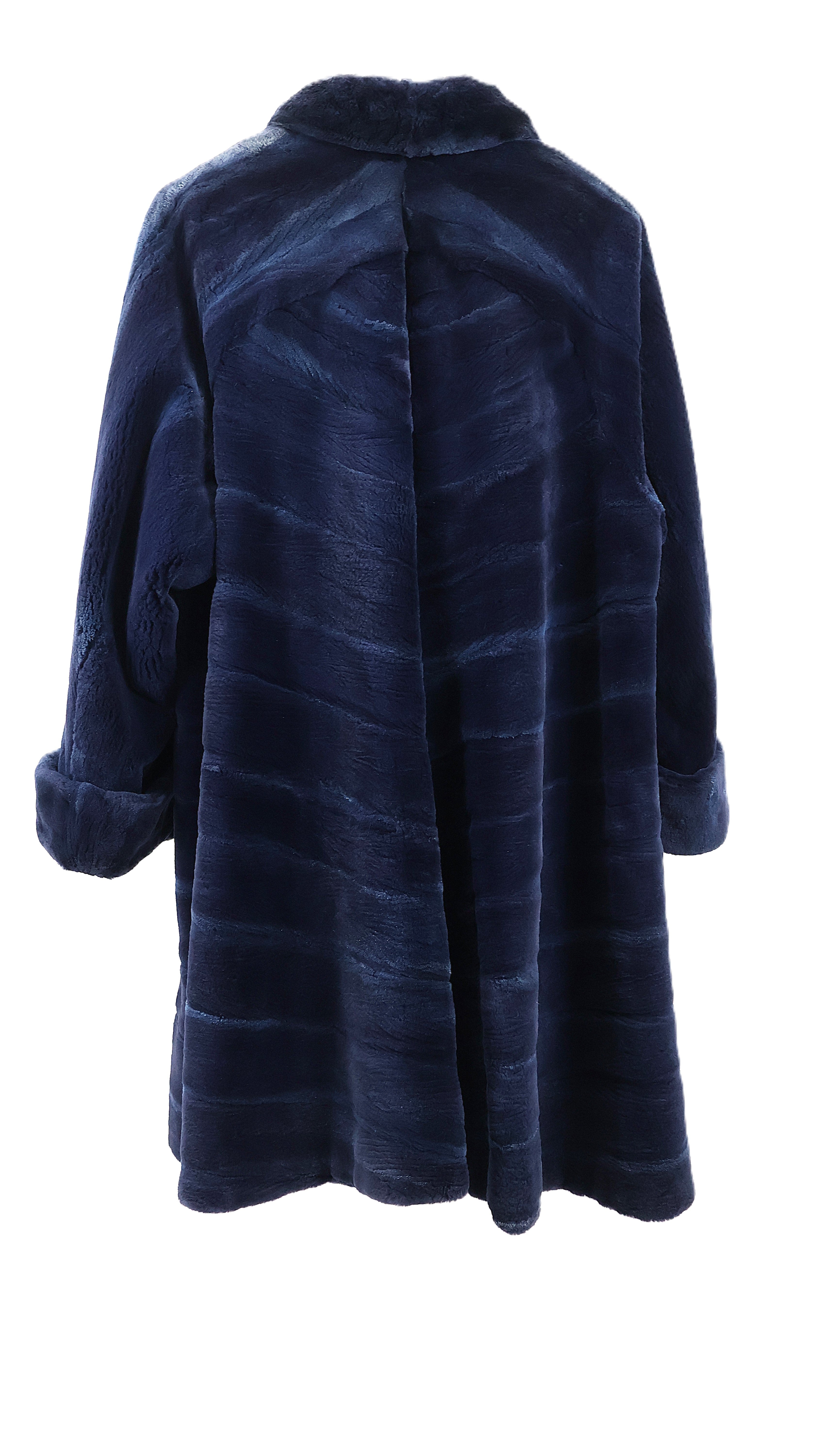 PRE-OWNED NAVY BLUE DYED SHEARED MINK CHEVRON DESIGN 3/4 SWING W/ WING COLLAR & TURNBACK CUFFS