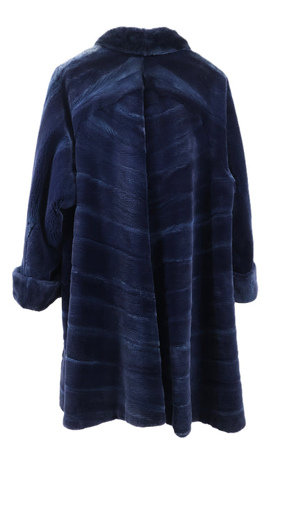 PRE-OWNED NAVY BLUE DYED SHEARED MINK CHEVRON DESIGN 3/4 SWING W/ WING COLLAR & TURNBACK CUFFS