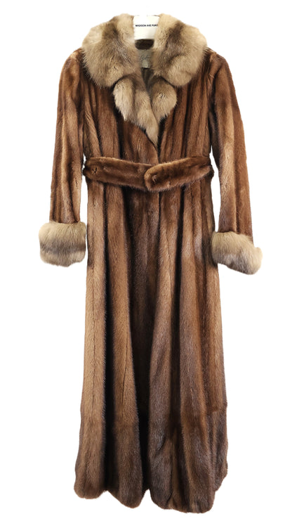 PRE-OWNED NATURAL DEMI BUFF MINK COAT W/ RUSSIAN SABLE NOTCH COLLAR & TURN BACK CUFFS & WRAP BELT
