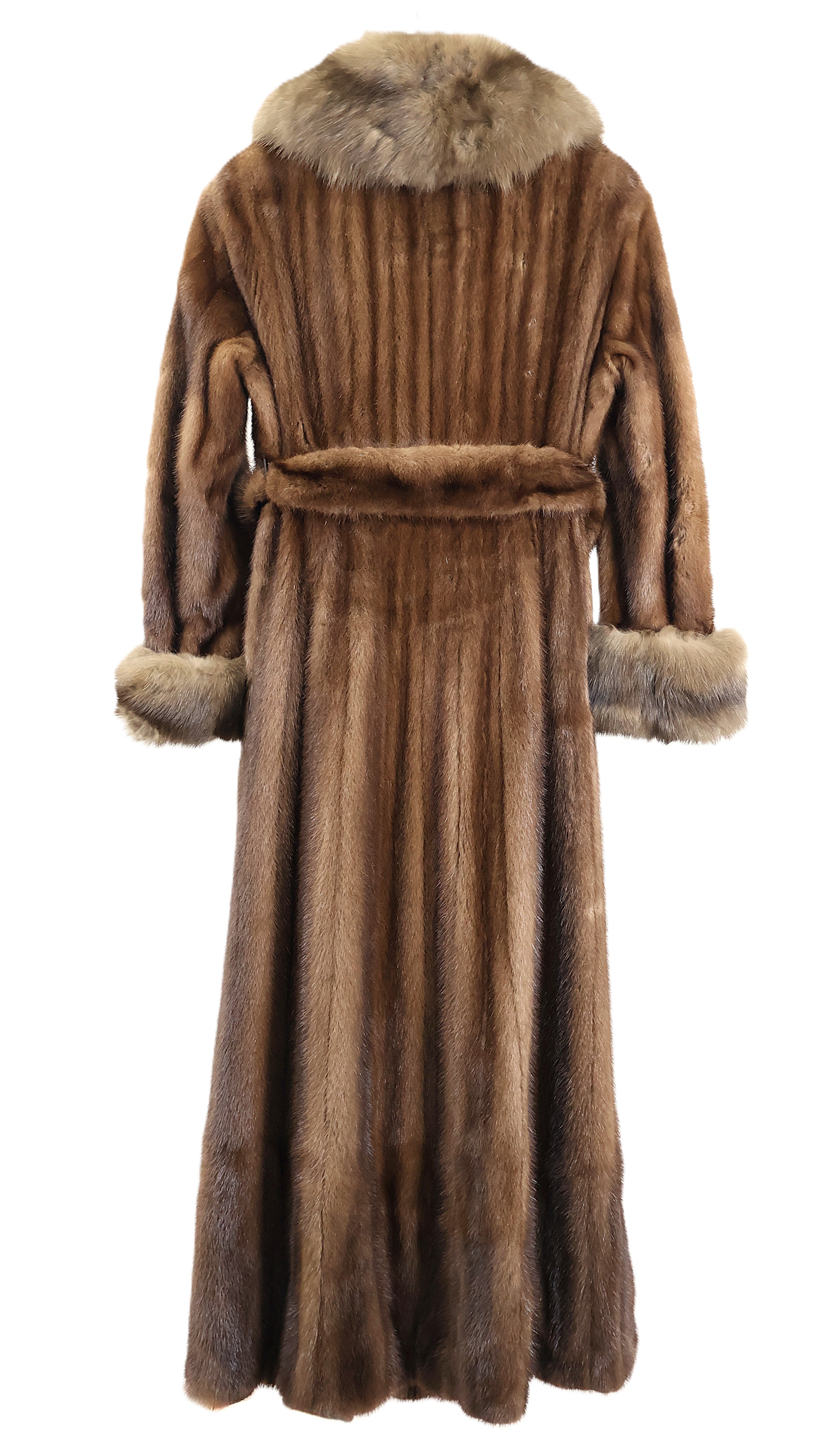 PRE-OWNED NATURAL DEMI BUFF MINK COAT W/ RUSSIAN SABLE NOTCH COLLAR & TURN BACK CUFFS & WRAP BELT