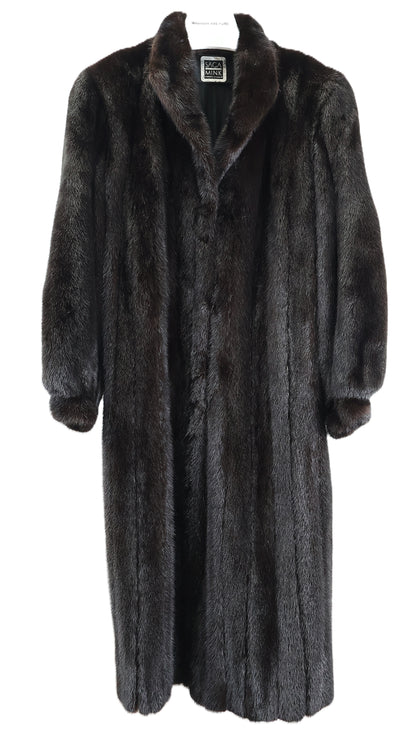 PRE-OWNED BLACK DYED SAGA MINK COAT W/ WING COLLAR & BANDED CUFFS