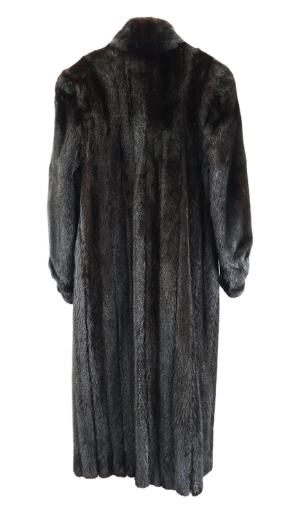 PRE-OWNED BLACK DYED SAGA MINK COAT W/ WING COLLAR & BANDED CUFFS