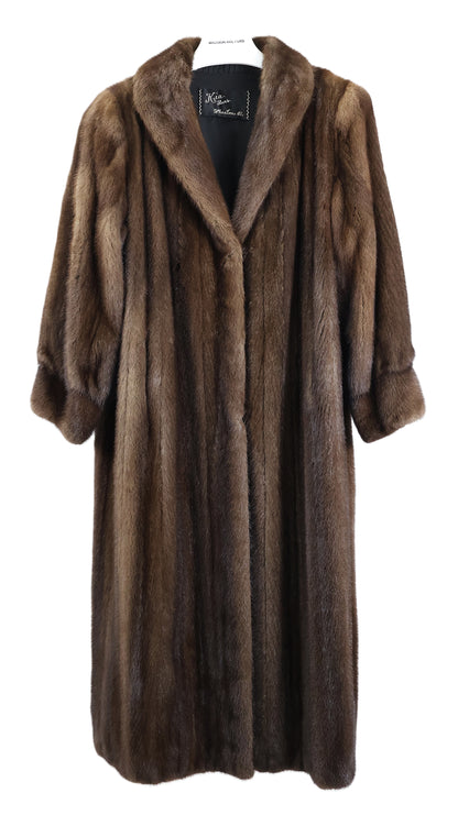 PRE-OWNED NATURAL DEMI BUFF MINK COAT W/ SHAWL COLLAR & BANDED CUFFS