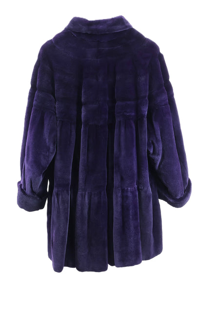 PRE-OWNED PURPLE DYED SHEARED MINK TIERED SWING STROLLER W/ WING COLLAR & TURN BACK CUFFS