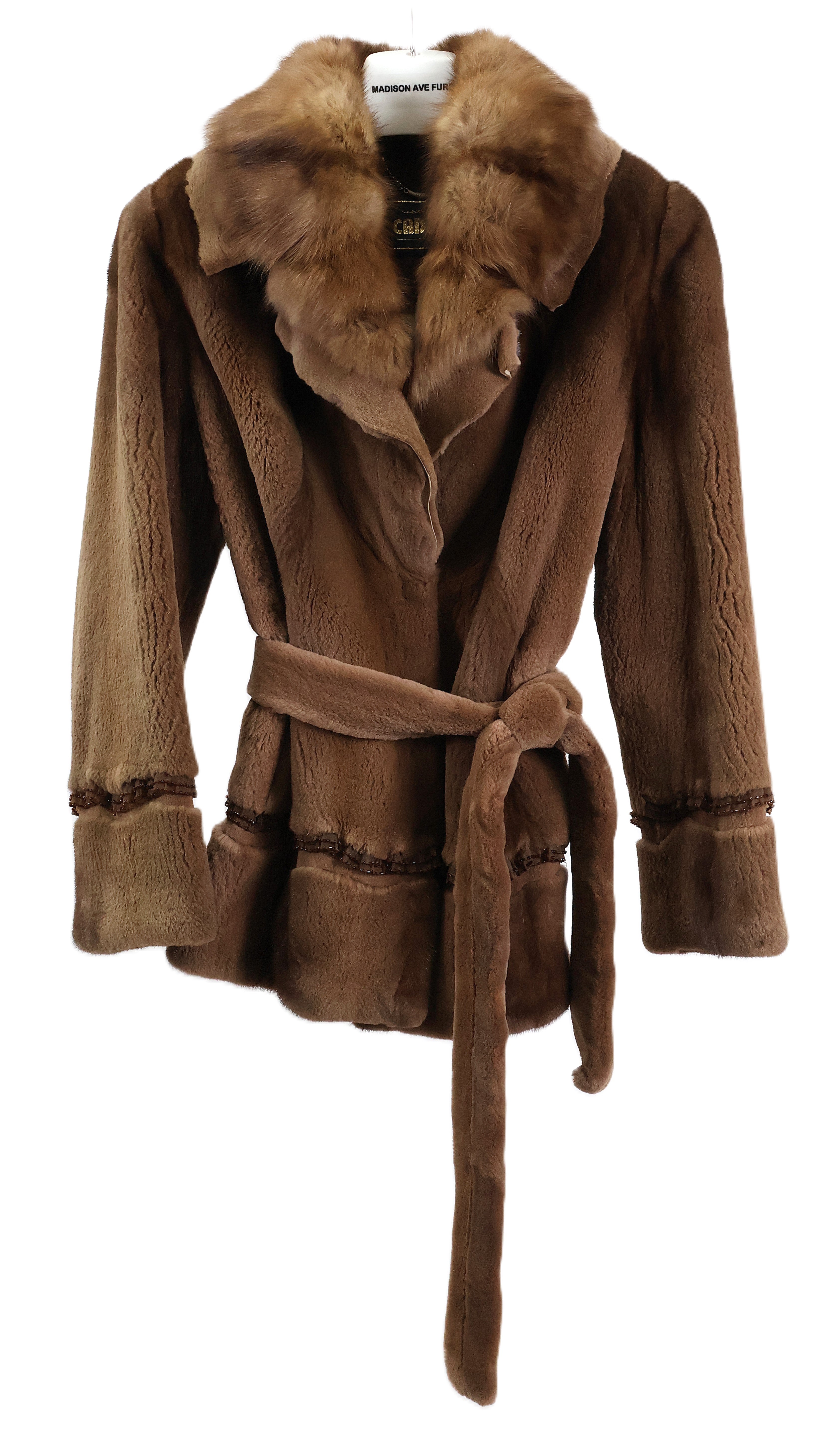 PRE-OWNED LIGHT BROWN SHEARED MINK JACKET W/ SABLE COLLAR, BEADED DETAIL, WRAP BELT & RAW EDGE HEM & COLLAR