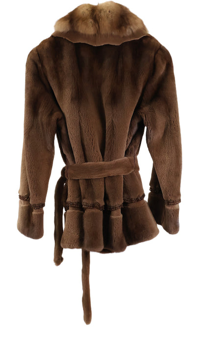 PRE-OWNED LIGHT BROWN SHEARED MINK JACKET W/ SABLE COLLAR, BEADED DETAIL, WRAP BELT & RAW EDGE HEM & COLLAR