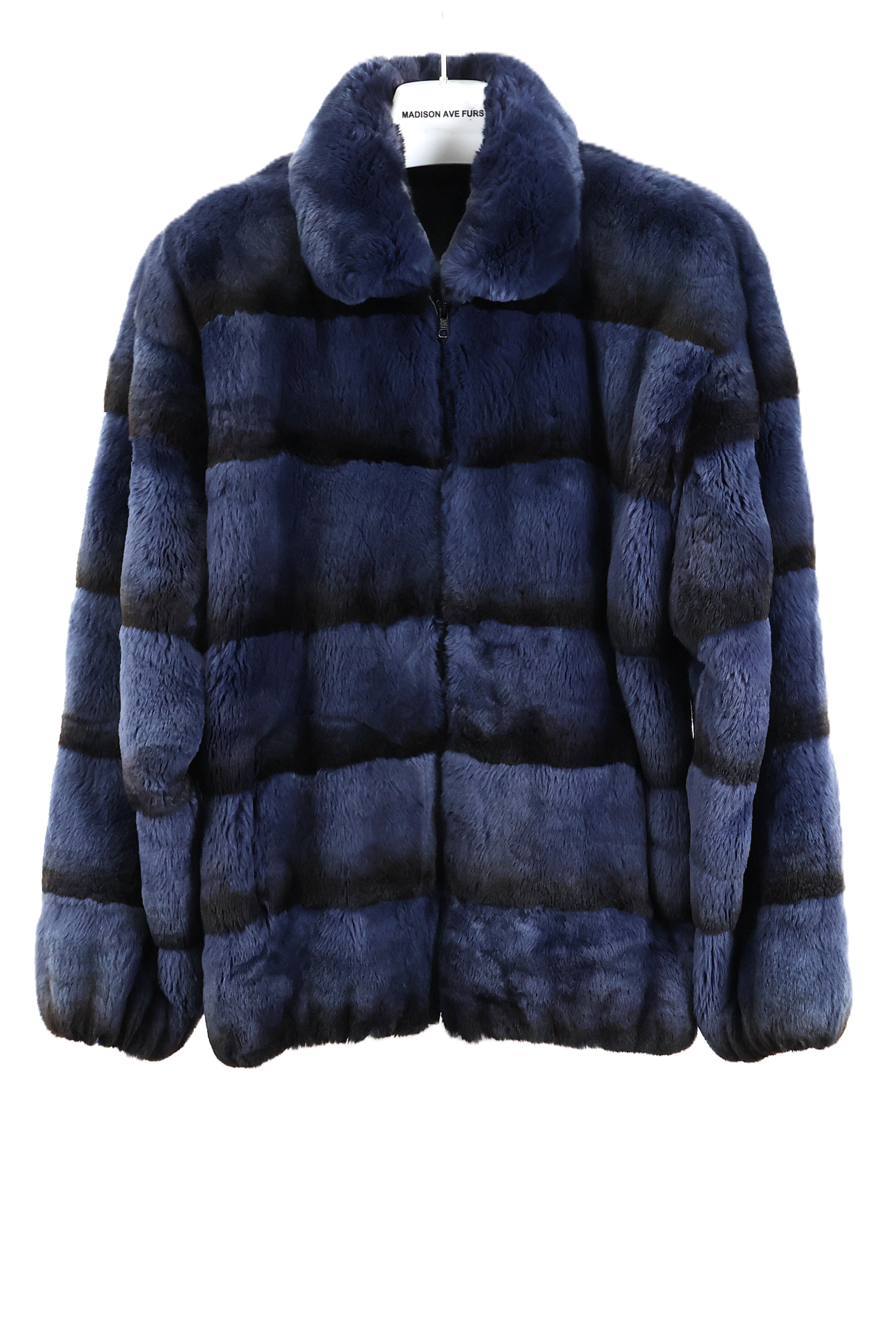 PRE-OWNED BLUE DYED HORIZONTAL REX BOMBER JACKET W/ WING COLLAR & ELASTIC SLEEVE FINISH