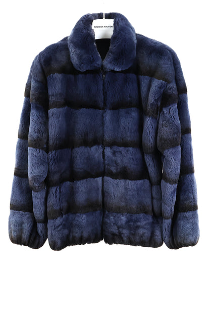 PRE-OWNED BLUE DYED HORIZONTAL REX BOMBER JACKET W/ WING COLLAR & ELASTIC SLEEVE FINISH