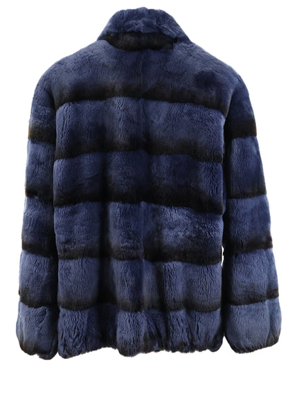 PRE-OWNED BLUE DYED HORIZONTAL REX BOMBER JACKET W/ WING COLLAR & ELASTIC SLEEVE FINISH