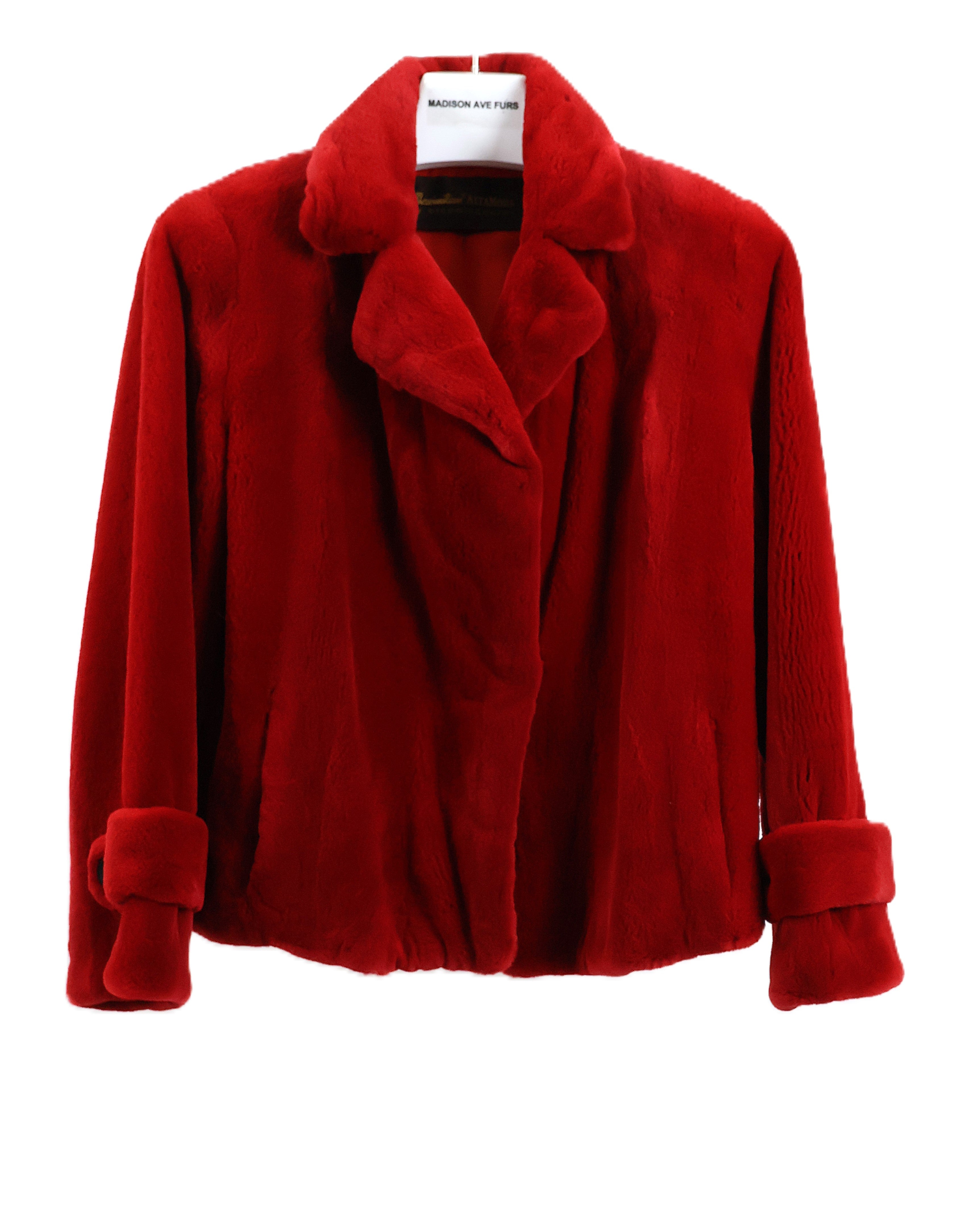 PRE-OWNED RED DYED SHEARED MINK JACKET W/ NOTCH COLLAR & STRAIGHT SLEEVE W/ EPAULET.