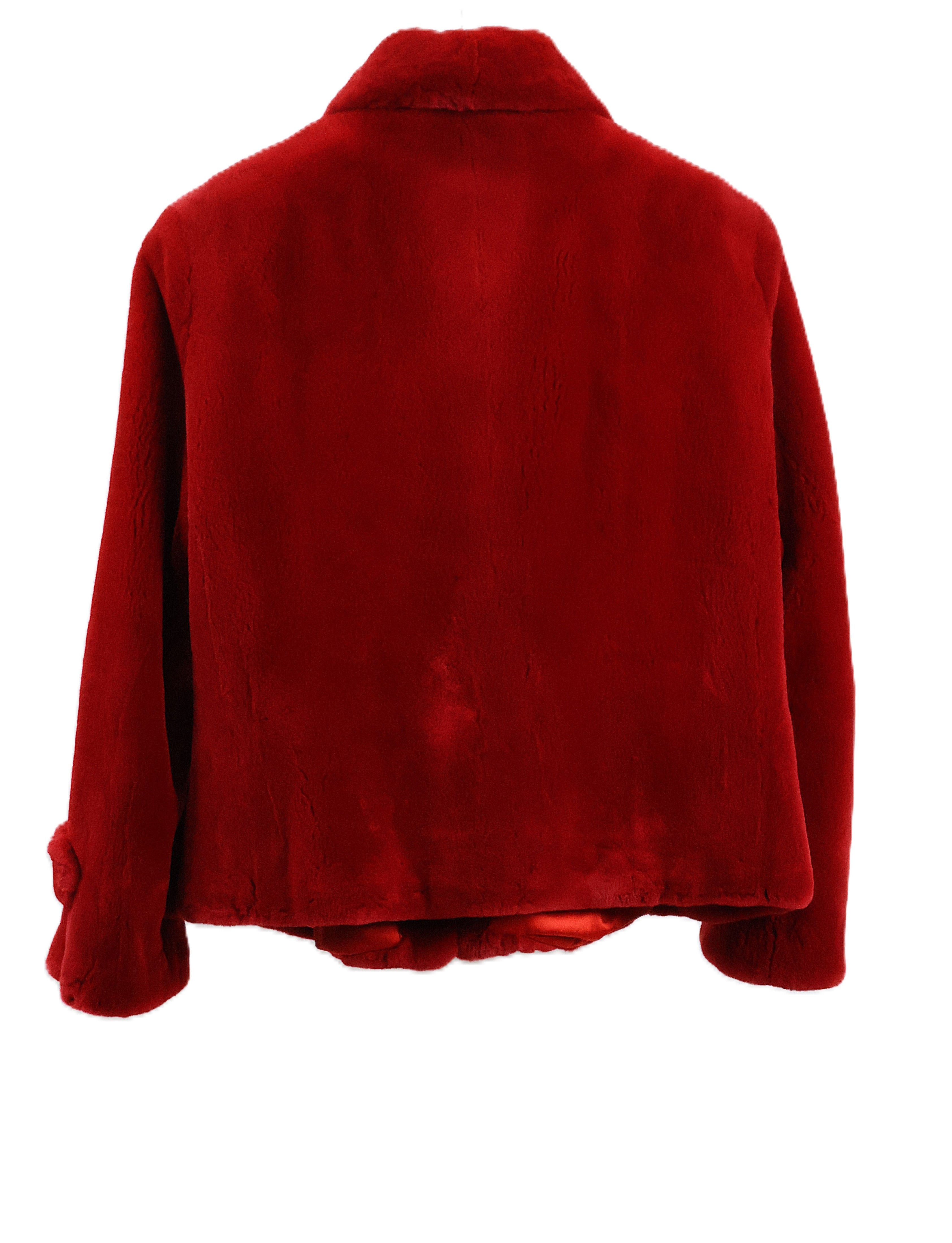 PRE-OWNED RED DYED SHEARED MINK JACKET W/ NOTCH COLLAR & STRAIGHT SLEEVE W/ EPAULET.