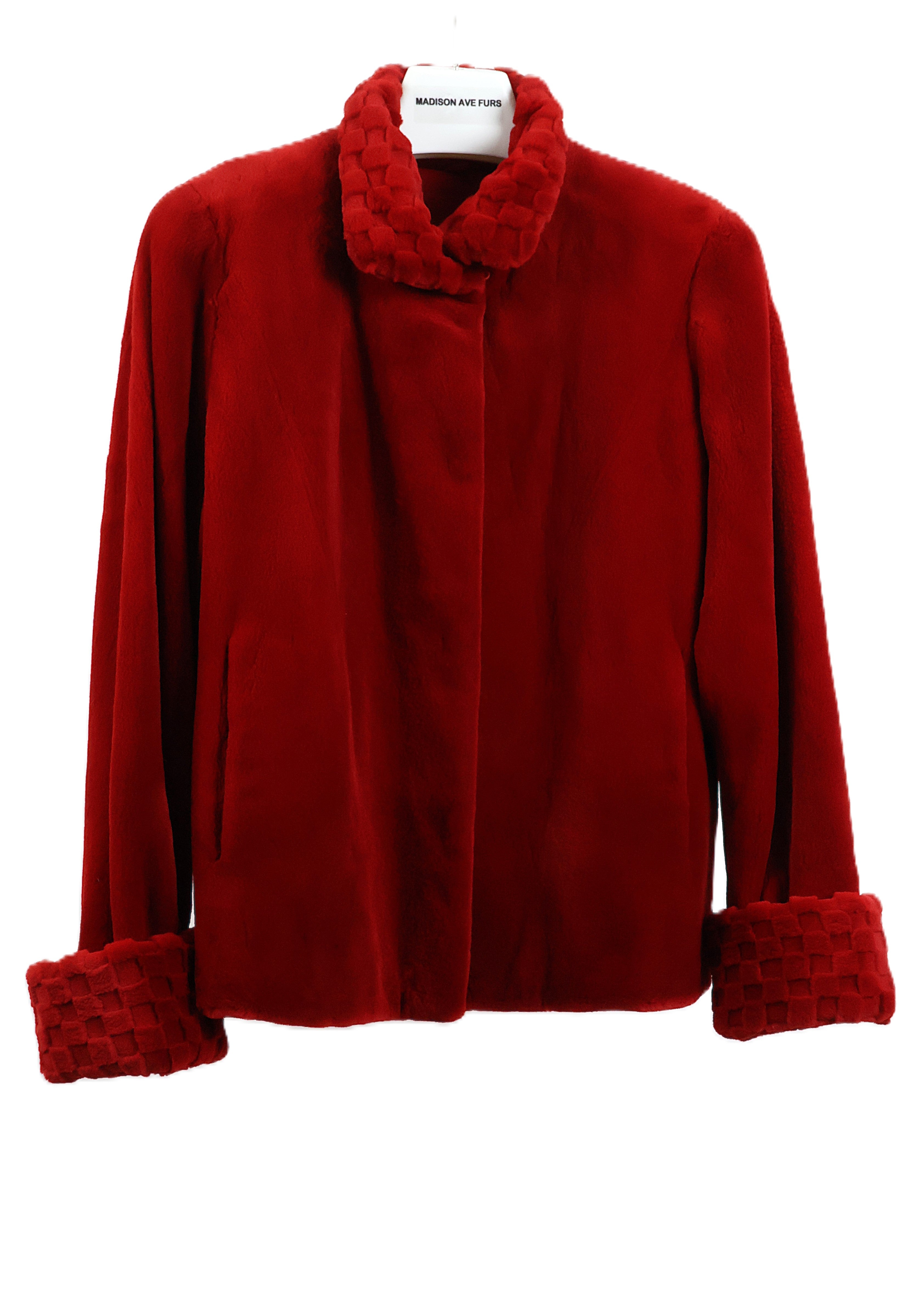 PRE-OWNED RED DYED SHEARED MINK JACKET W/ DIAMOND ETCHED WING COLLAR & ETCHED TURN BACK CUFFS