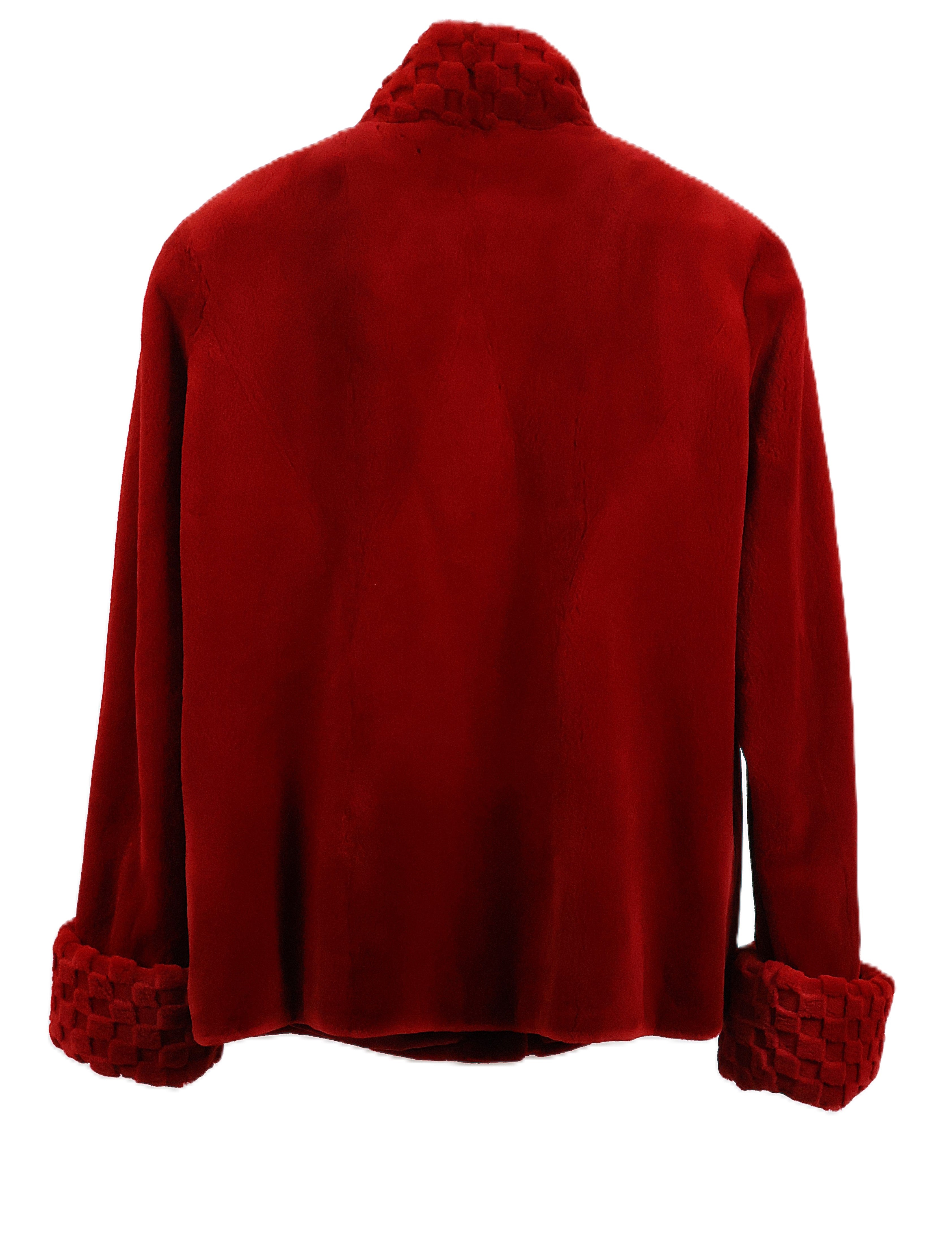 PRE-OWNED RED DYED SHEARED MINK JACKET W/ DIAMOND ETCHED WING COLLAR & ETCHED TURN BACK CUFFS