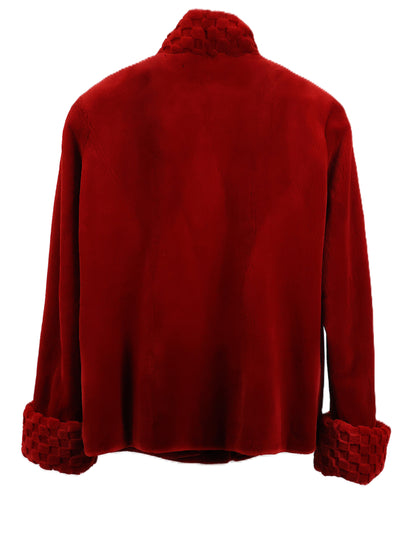 PRE-OWNED RED DYED SHEARED MINK JACKET W/ DIAMOND ETCHED WING COLLAR & ETCHED TURN BACK CUFFS