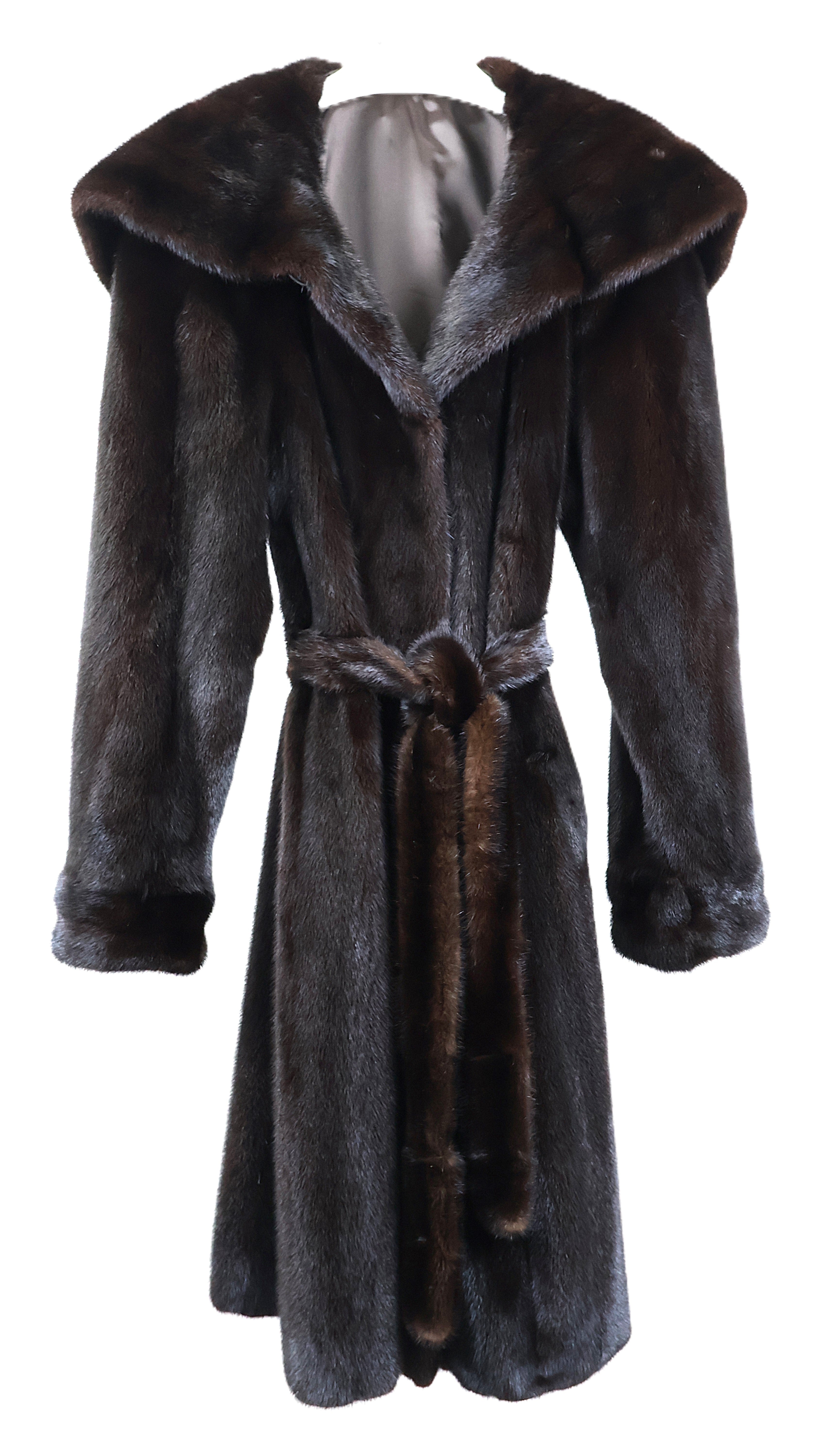 PRE-OWNED RANCH MINK SWING COAT W/ PORTRAIT COLLAR, STRAIGHT SLEEVE & WRAP BELT