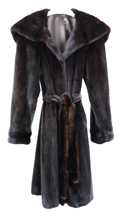 PRE-OWNED RANCH MINK SWING COAT W/ PORTRAIT COLLAR, STRAIGHT SLEEVE & WRAP BELT