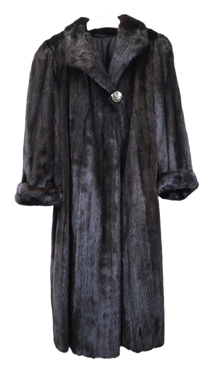 PRE-OWNED NATURAL RANCH MINK COAT W/ WING COLLAR & TURN BACK CUFFS