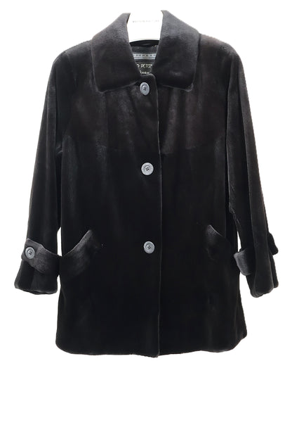 PRE-OWNED BISANG BLACK DYED SHEARED MINK JACKET W/ WING COLLAR & STRAIGHT SLEEVES W/ EPAULETS