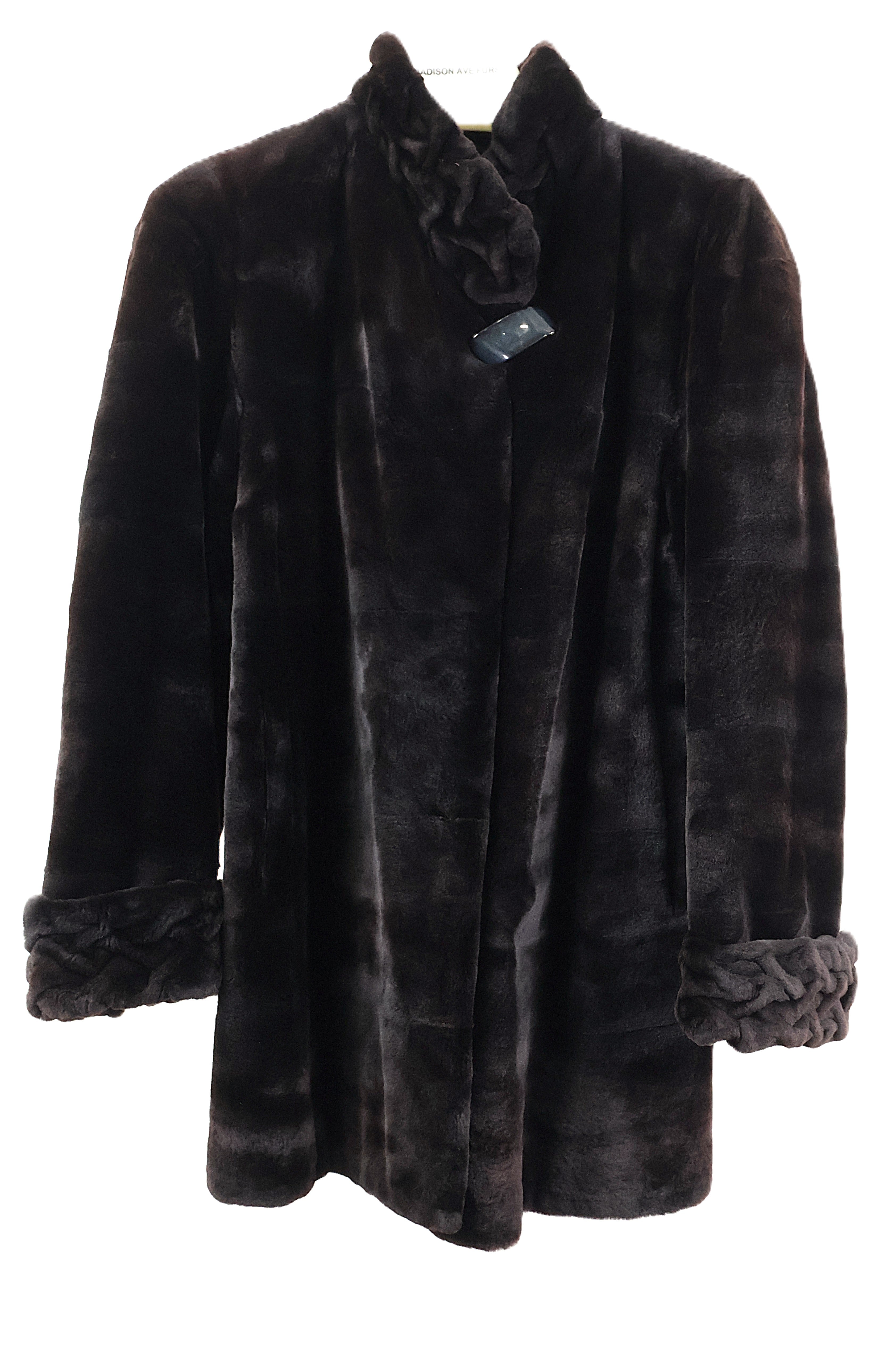 PRE-OWNED BROWN/BLACK DYED SHEARED MINK JACKET W/ ETCHED STAND COLLAR & TURN BACK CUFFS