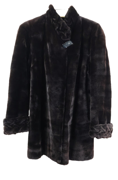PRE-OWNED BROWN/BLACK DYED SHEARED MINK JACKET W/ ETCHED STAND COLLAR & TURN BACK CUFFS