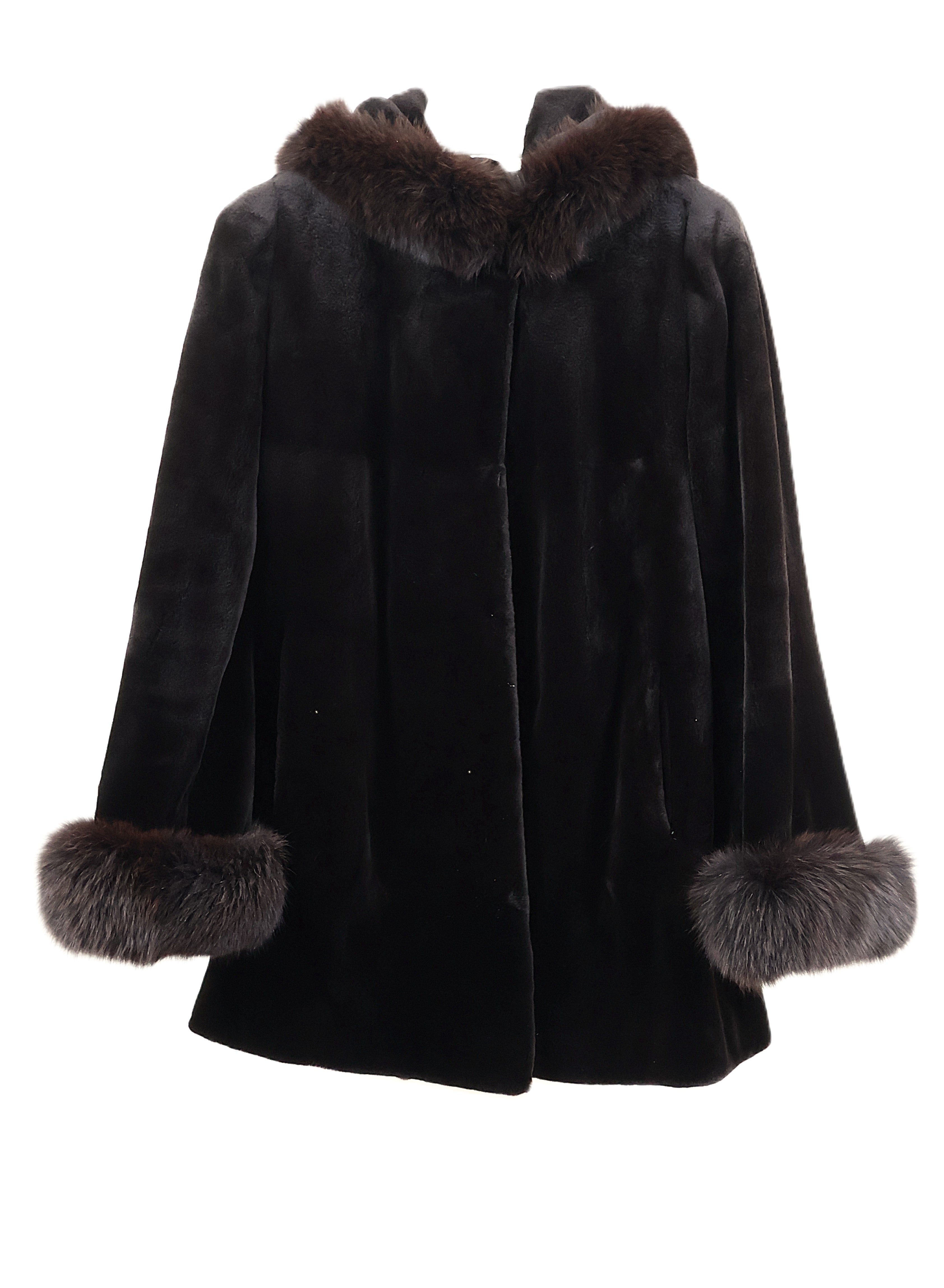 PRE-OWNED MATARA DYED SHEARED MINK 3/4 HOODED JACKET W/ DYED FOX CUFFS & HOOD TRIM