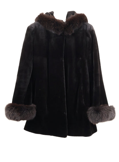 PRE-OWNED MATARA DYED SHEARED MINK 3/4 HOODED JACKET W/ DYED FOX CUFFS & HOOD TRIM