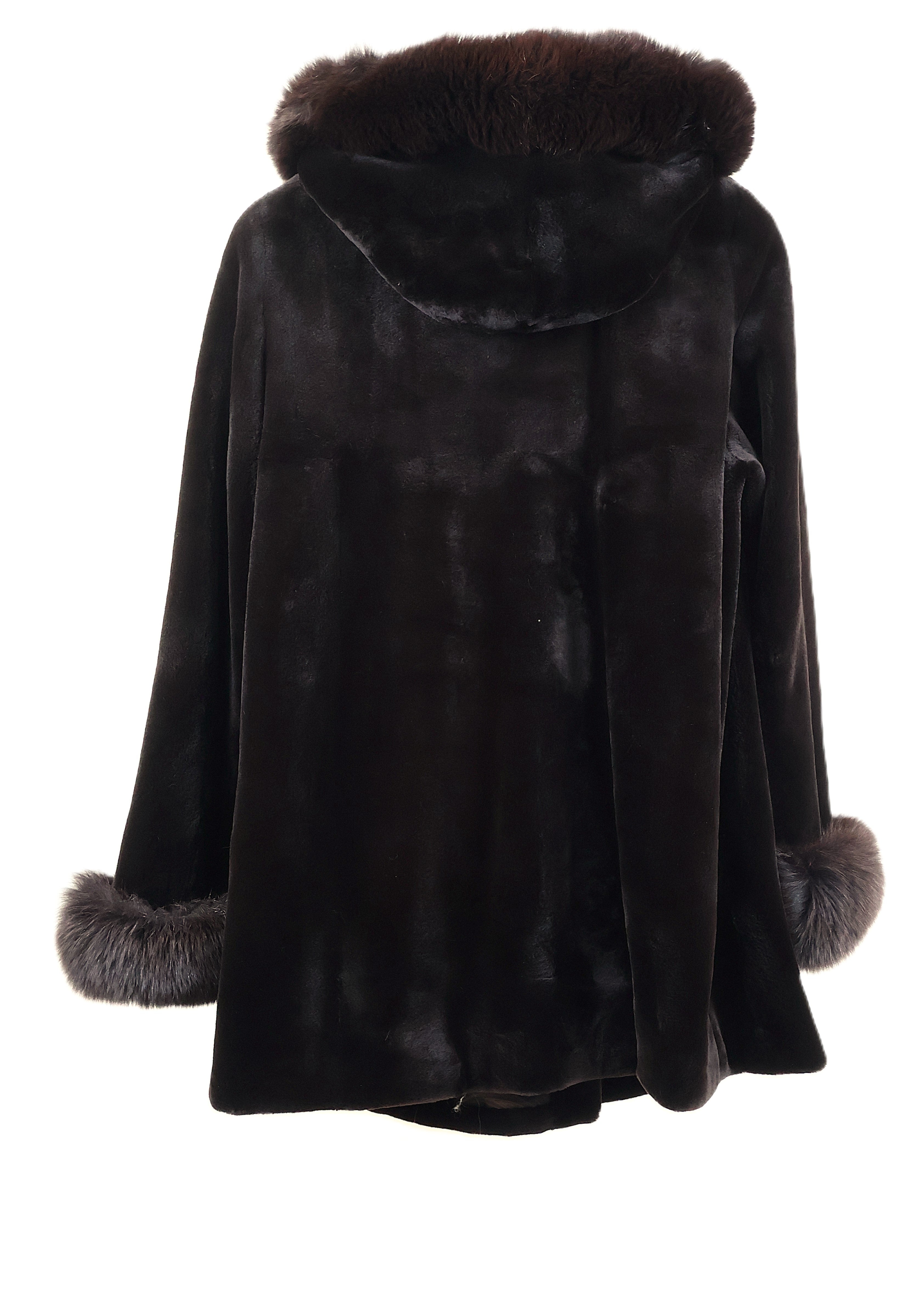 PRE-OWNED MATARA DYED SHEARED MINK 3/4 HOODED JACKET W/ DYED FOX CUFFS & HOOD TRIM