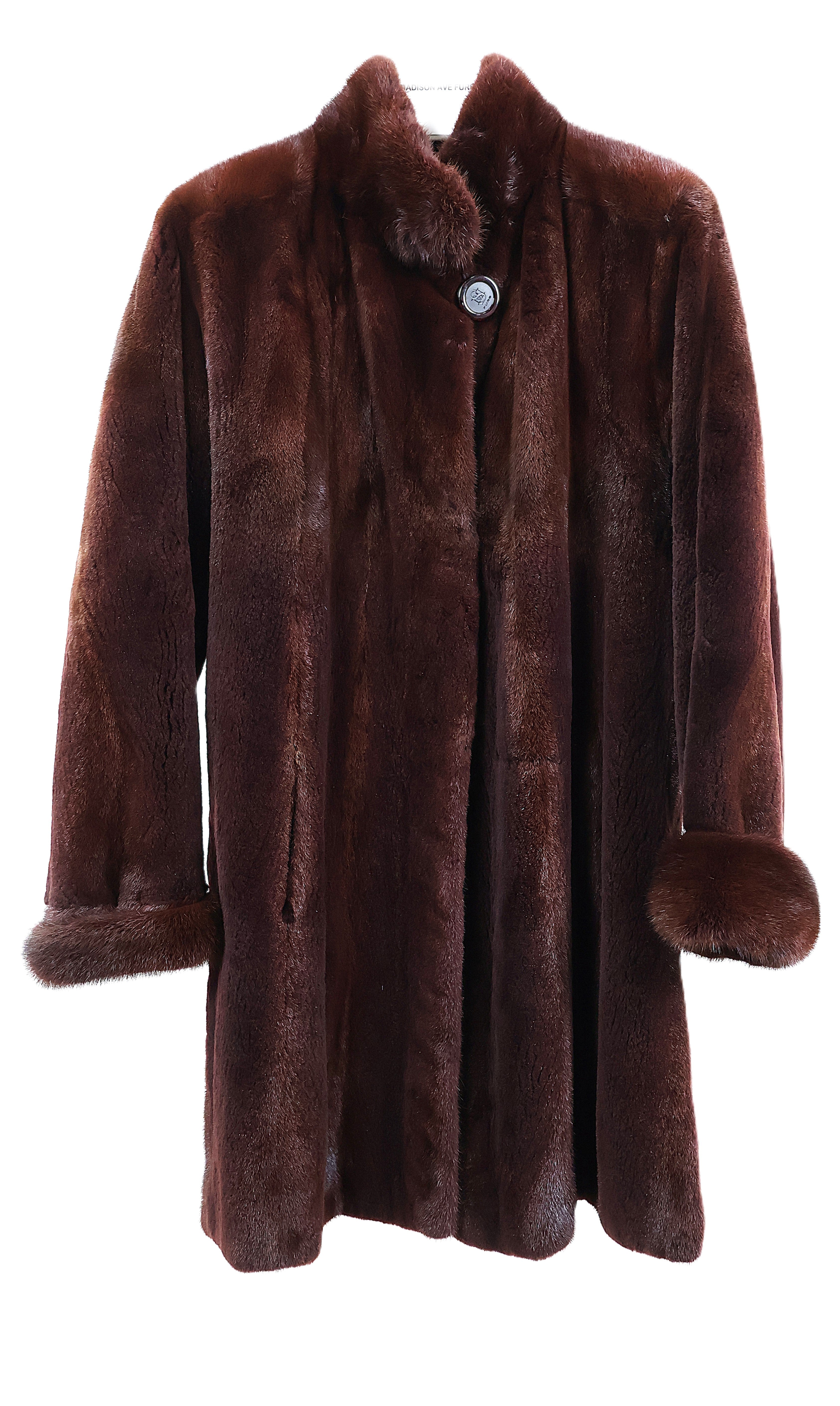PRE-OWNED YVES SAINT LAURENT CRANBERRY DYED SEMI SHEARED MINK STROLLER W/ LONG HAIR MINK STAND COLLAR & TURN BACK CUFFS W/ SIDE SLITS