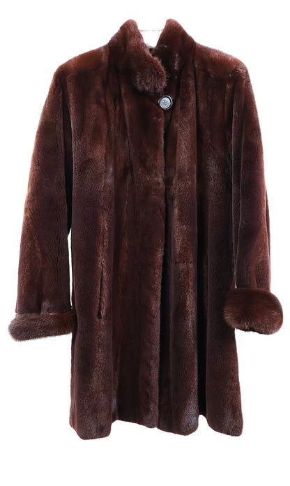 PRE-OWNED YVES SAINT LAURENT CRANBERRY DYED SEMI SHEARED MINK STROLLER W/ LONG HAIR MINK STAND COLLAR & TURN BACK CUFFS W/ SIDE SLITS