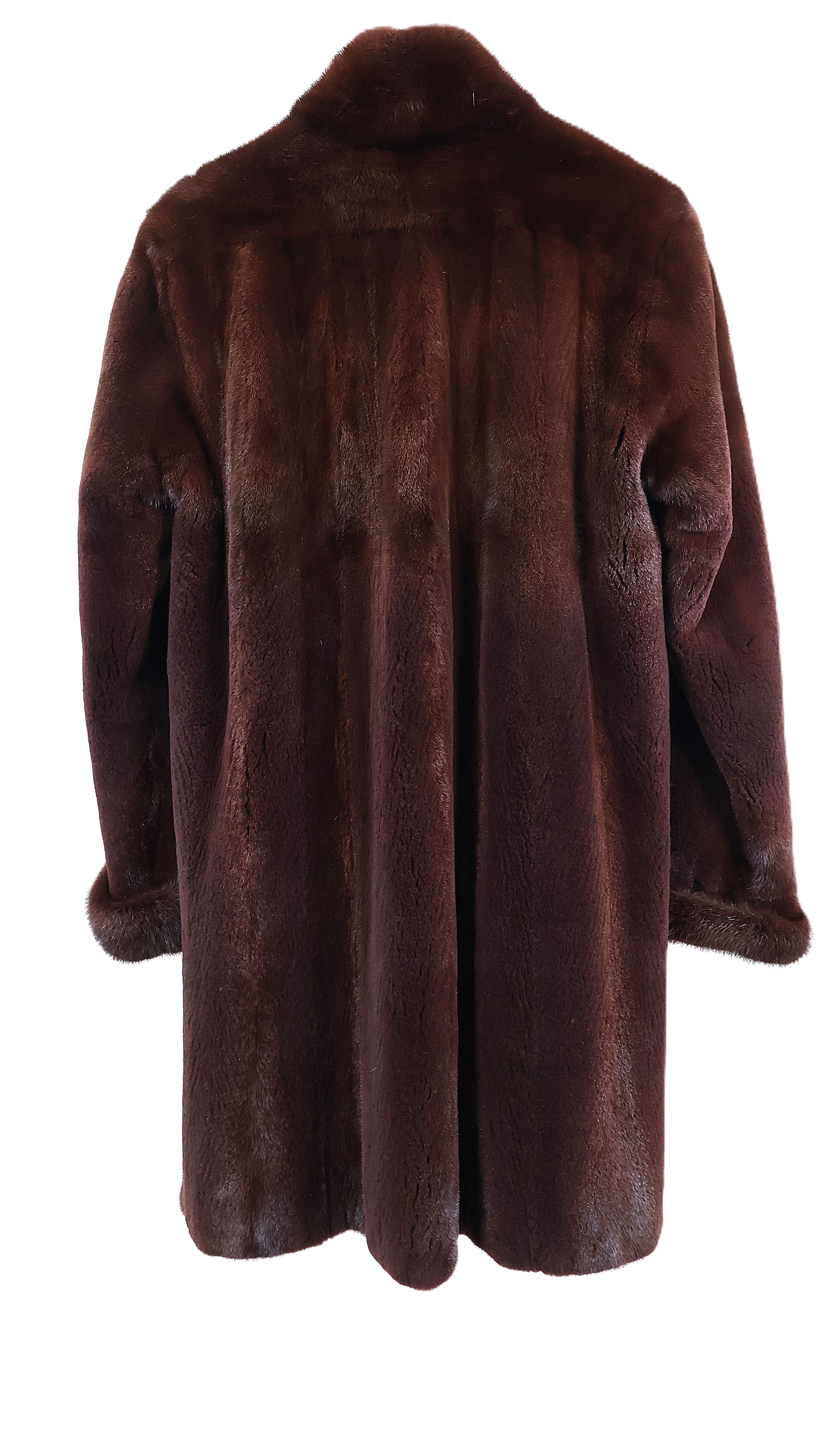 PRE-OWNED YVES SAINT LAURENT CRANBERRY DYED SEMI SHEARED MINK STROLLER W/ LONG HAIR MINK STAND COLLAR & TURN BACK CUFFS W/ SIDE SLITS