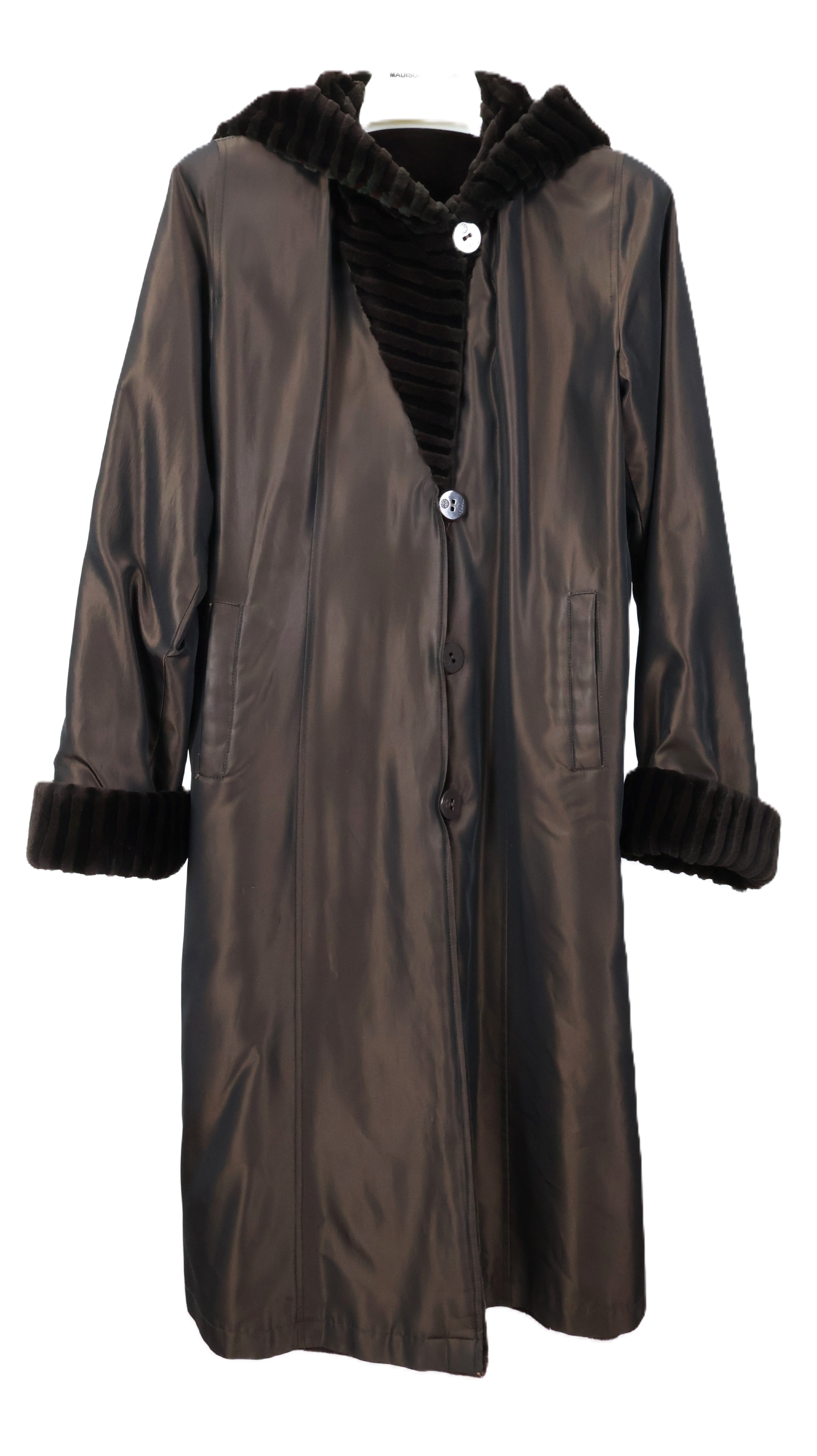 PRE-OWNED BROWN DYED SHEARED MINK HOODED COAT REVERSIBLE TO TAFFETA W/ LASER GROOVED HOOD & TURN BACK CUFFS