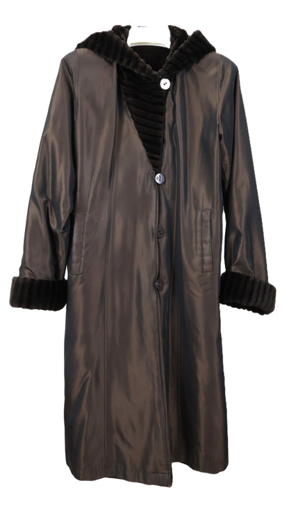 PRE-OWNED BROWN DYED SHEARED MINK HOODED COAT REVERSIBLE TO TAFFETA W/ LASER GROOVED HOOD & TURN BACK CUFFS
