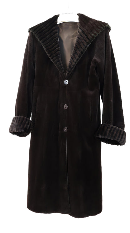 PRE-OWNED BROWN DYED SHEARED MINK HOODED COAT REVERSIBLE TO TAFFETA W/ LASER GROOVED HOOD & TURN BACK CUFFS