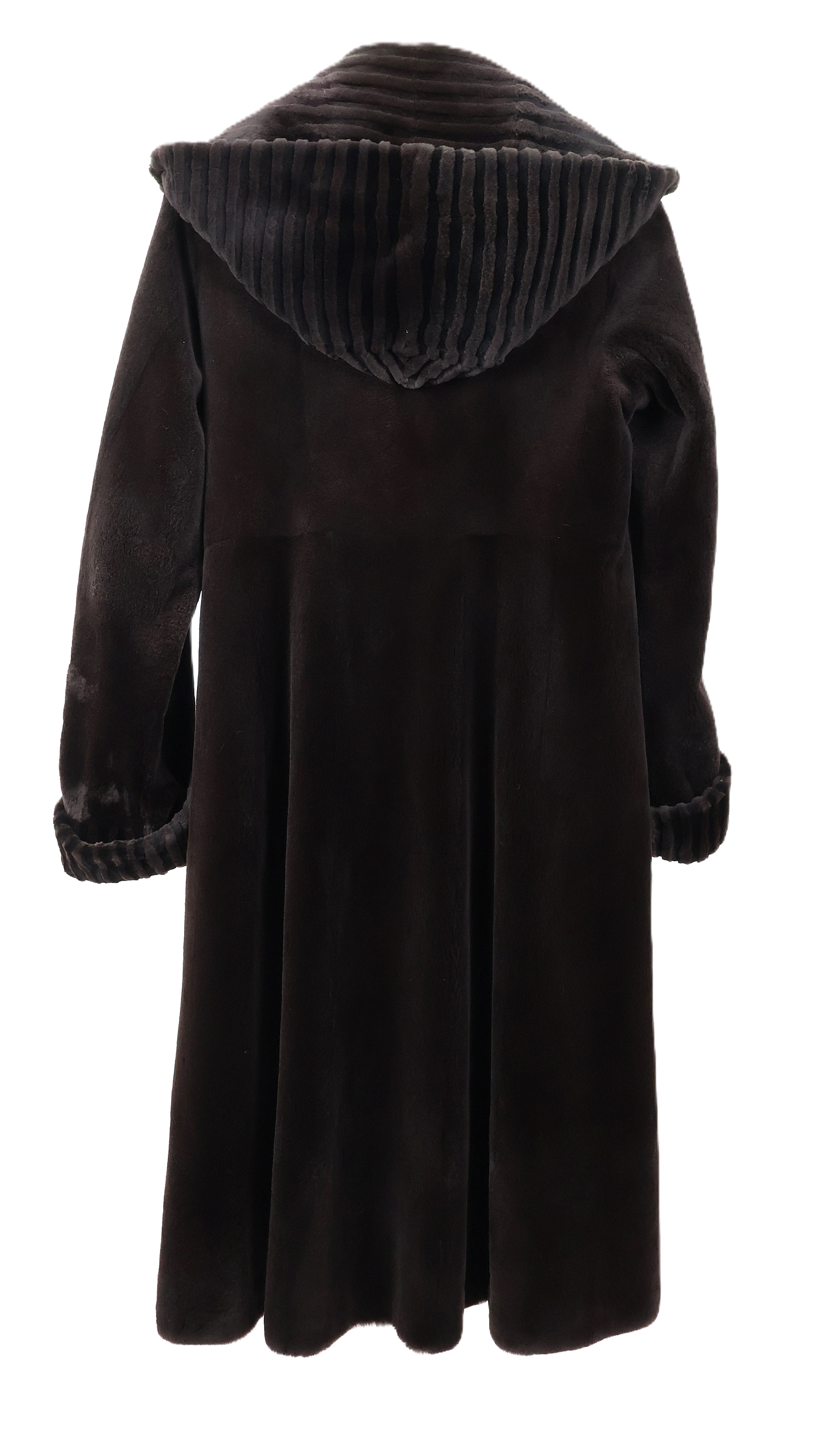 PRE-OWNED BROWN DYED SHEARED MINK HOODED COAT REVERSIBLE TO TAFFETA W/ LASER GROOVED HOOD & TURN BACK CUFFS