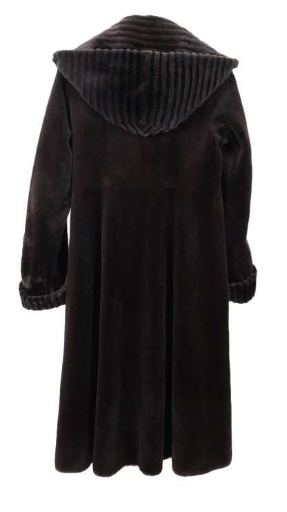 PRE-OWNED BROWN DYED SHEARED MINK HOODED COAT REVERSIBLE TO TAFFETA W/ LASER GROOVED HOOD & TURN BACK CUFFS