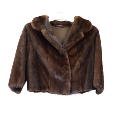 PRE-OWNED MAHOGANY MINK CROPPED JACKET W/ NOTCH COLLAR & STRAIGHT 3/4 SLEEVES