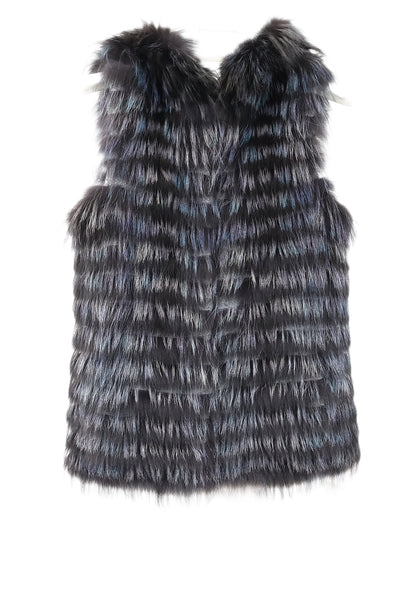 NEW KNITTED & FEATHERED INDIGO DYED SILVER FOX REVERSIBLE TO WOOL HOODED VEST
