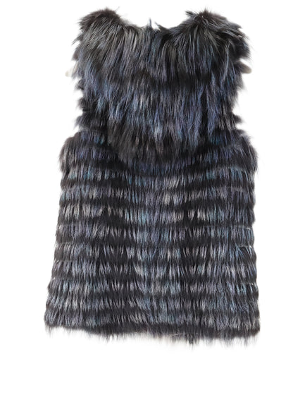 NEW KNITTED & FEATHERED INDIGO DYED SILVER FOX REVERSIBLE TO WOOL HOODED VEST