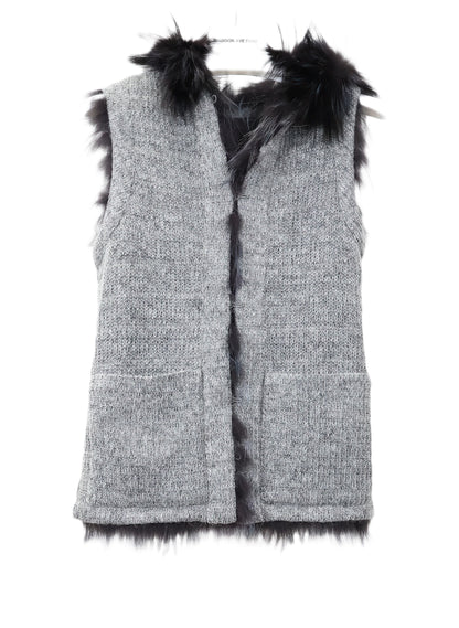 NEW KNITTED & FEATHERED INDIGO DYED SILVER FOX REVERSIBLE TO WOOL HOODED VEST