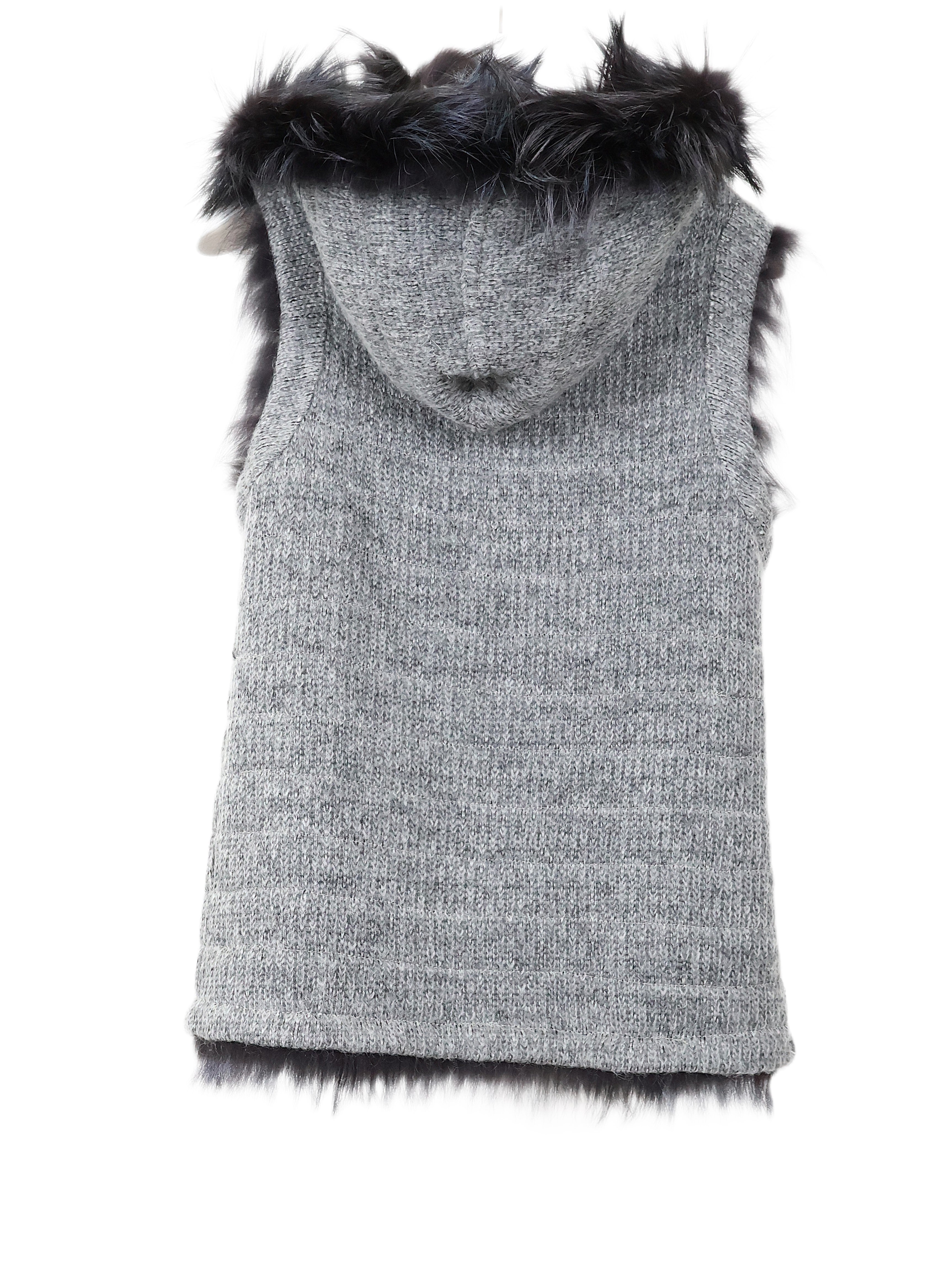 NEW KNITTED & FEATHERED INDIGO DYED SILVER FOX REVERSIBLE TO WOOL HOODED VEST