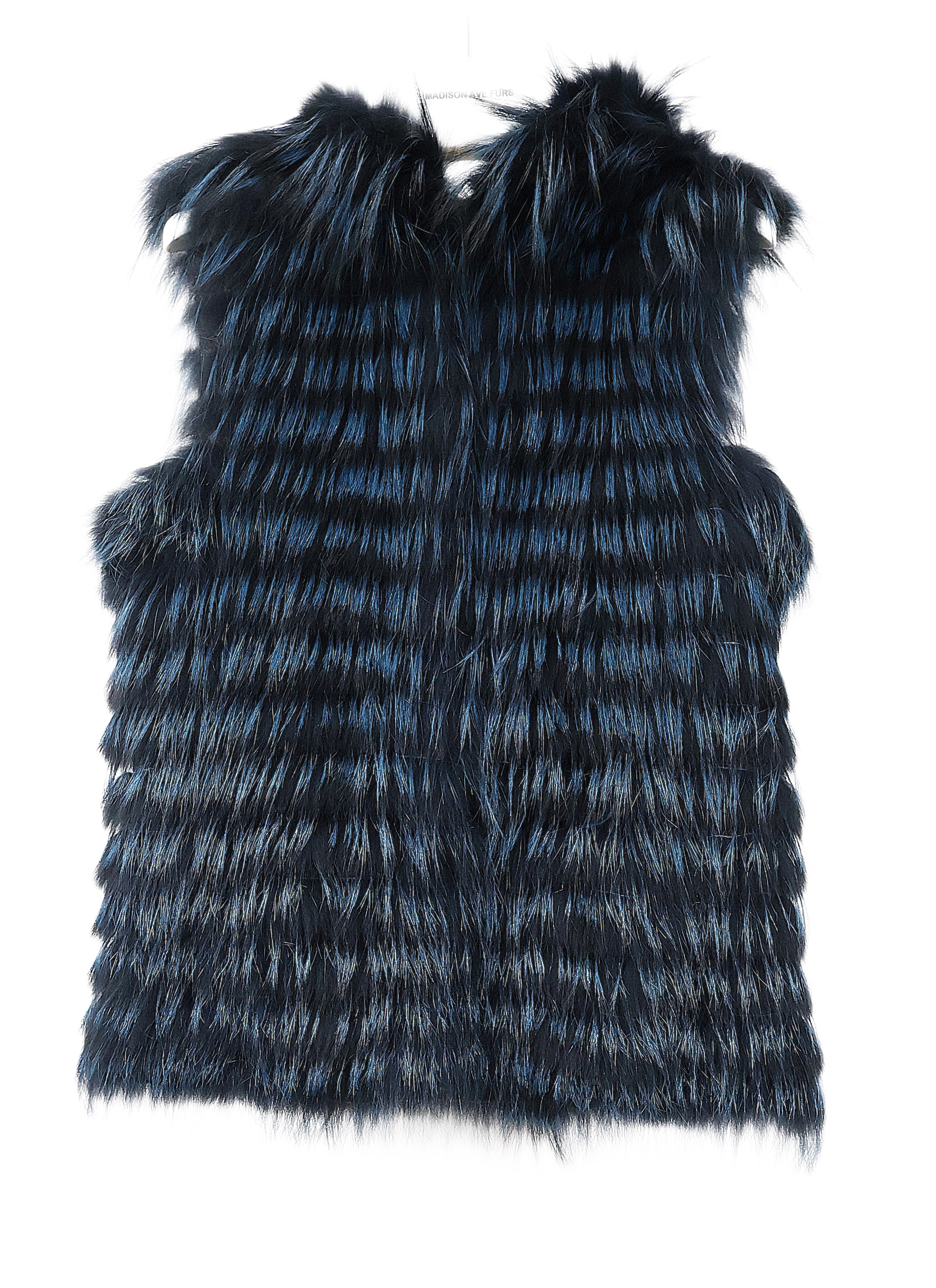 NEW KNITTED & FEATHERED BLUE/BLACK DYED SILVER FOX REVERSIBLE TO WOOL HOODED VEST