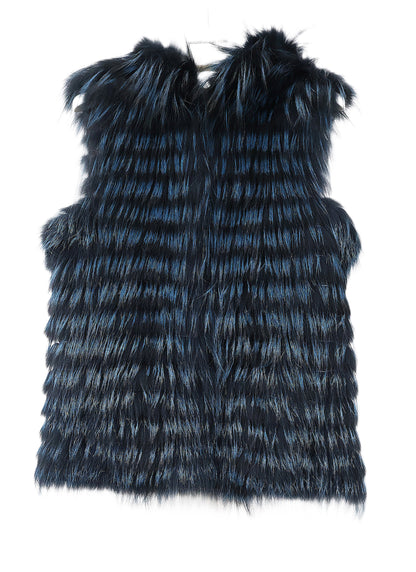 NEW KNITTED & FEATHERED BLUE/BLACK DYED SILVER FOX REVERSIBLE TO WOOL HOODED VEST