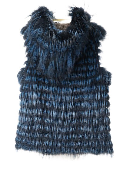 NEW KNITTED & FEATHERED BLUE/BLACK DYED SILVER FOX REVERSIBLE TO WOOL HOODED VEST