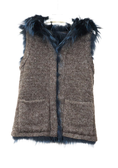 NEW KNITTED & FEATHERED BLUE/BLACK DYED SILVER FOX REVERSIBLE TO WOOL HOODED VEST