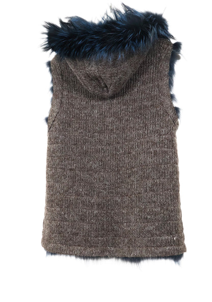 NEW KNITTED & FEATHERED BLUE/BLACK DYED SILVER FOX REVERSIBLE TO WOOL HOODED VEST