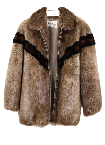 PRE-OWNED BLONDE BEAVER BOMBER JACKET W/ MINK INSERTS & WING COLLAR