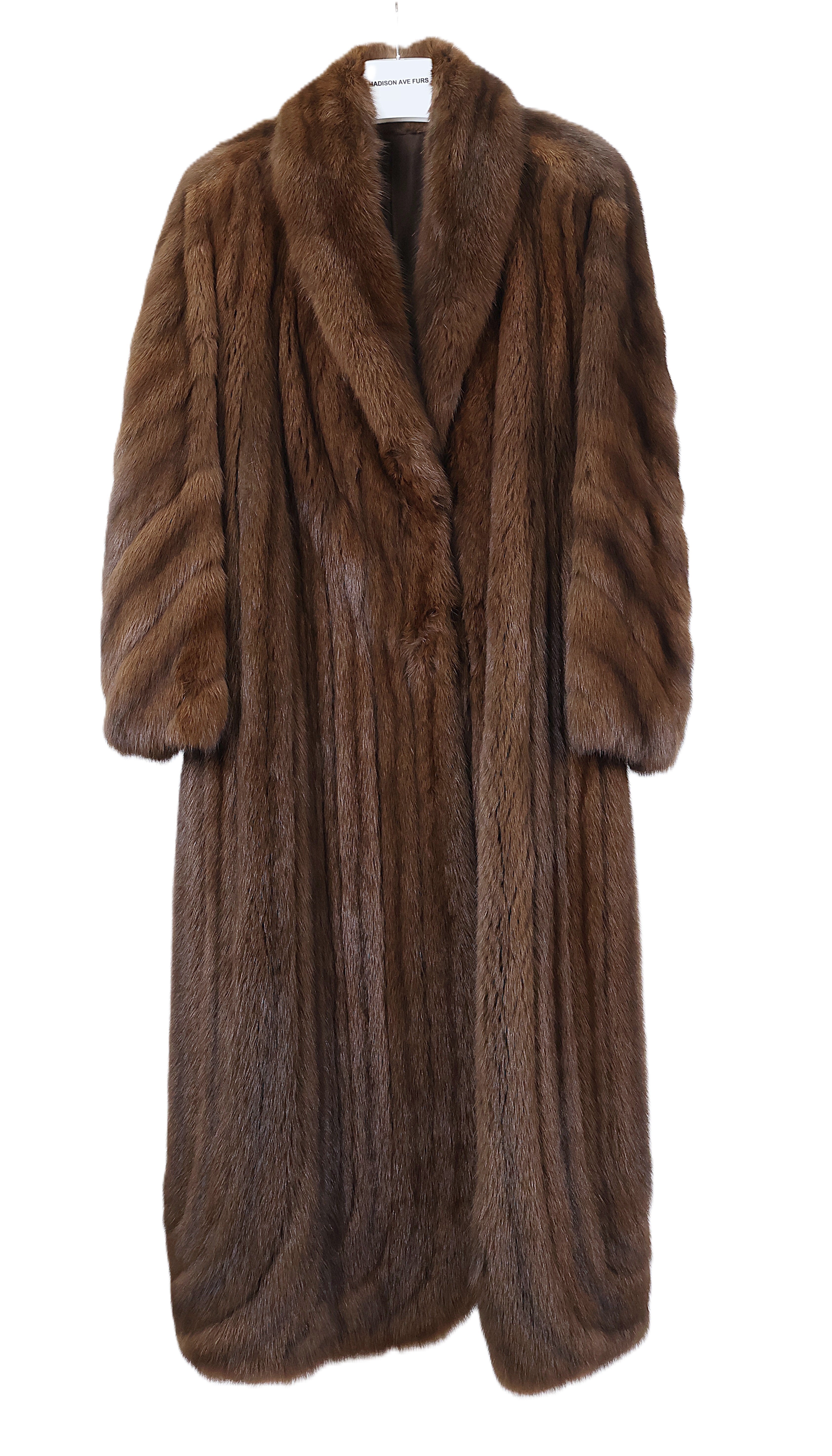 PRE-OWNED BROWN DYED SABLE DIRECTION COAT W/ SHAWL COLLAR & DIAGONAL STRAIGHT SLEEVES